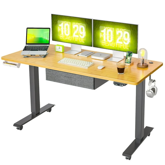 FEZIBO 63 x 24 inch Electric Standing Desk with Fabric Drawer, Splice Board in Bamboo Finish
