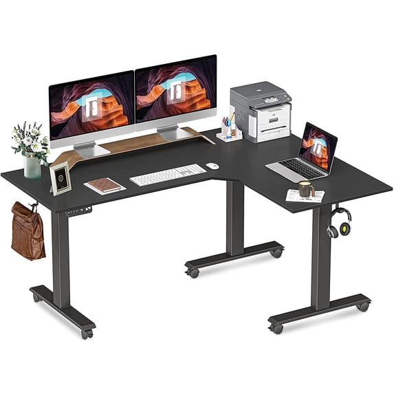 FEZIBO 63x48 Inch Triple Motor L Shaped Standing Desk Reversible, Electric Height Adjustable Corner Stand up Desk, Sit Stand Desk Computer Workstation, Black Frame/Black Top