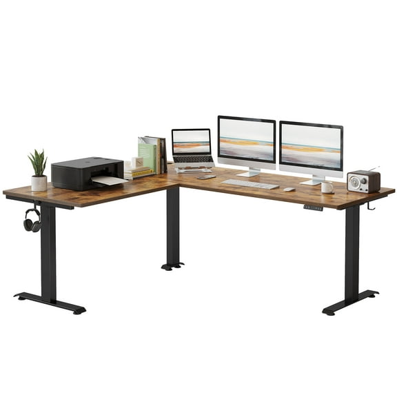 FEZIBO 75x63 Inch Triple Motor L Shaped Standing Desk Reversible, Electric Height Adjustable Corner Stand up Desk, Sit Stand Desk Computer Workstation, Black Frame/Rustic Brown Top