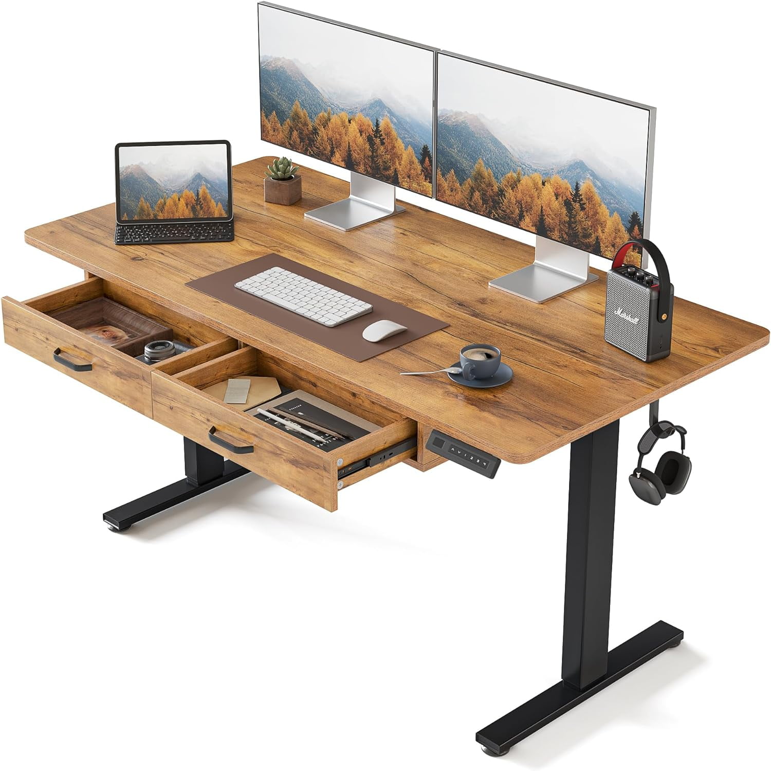 FEZIBO Adjustable Height Electric Standing Desk with Double Drawer, 55