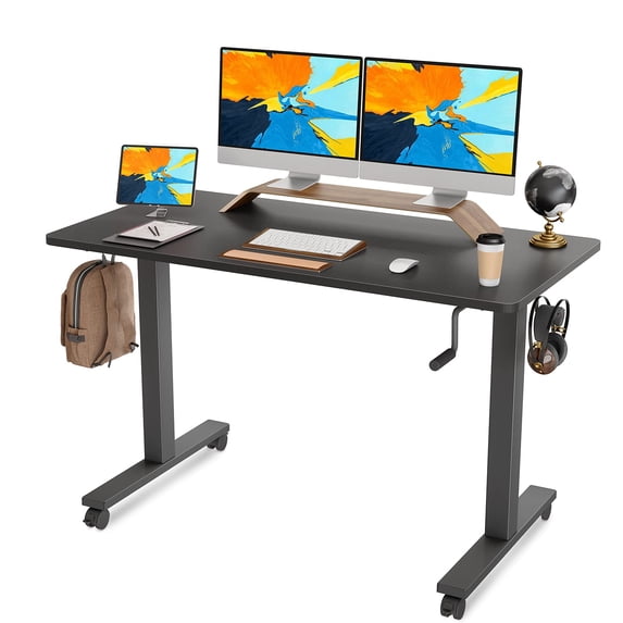 FEZIBO Crank Adjustable Height Standing Desk with Handle and Splice Board, Black Finish,55"