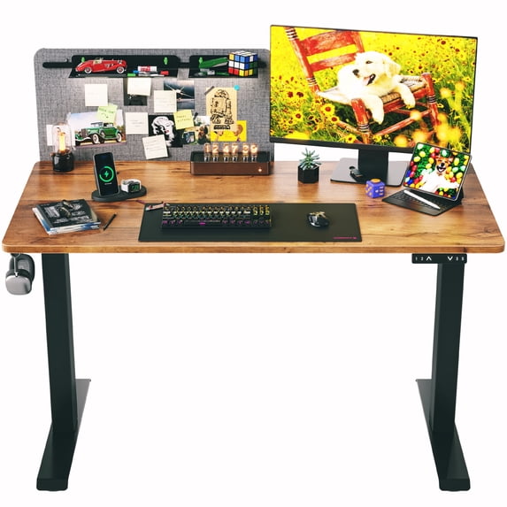FEZIBO Dual Motor Electric Standing Desk with Desk Divider and Storage Pegs, Splice Board in Walnut Finish, 48"