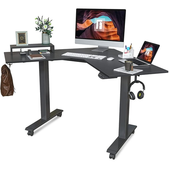 FEZIBO Dual Motor L-Shaped Electric Standing Desk, Height Adjustable Desk, Home Office L Shape Stand Up Desk with Splice Board, Black Finish, 48"