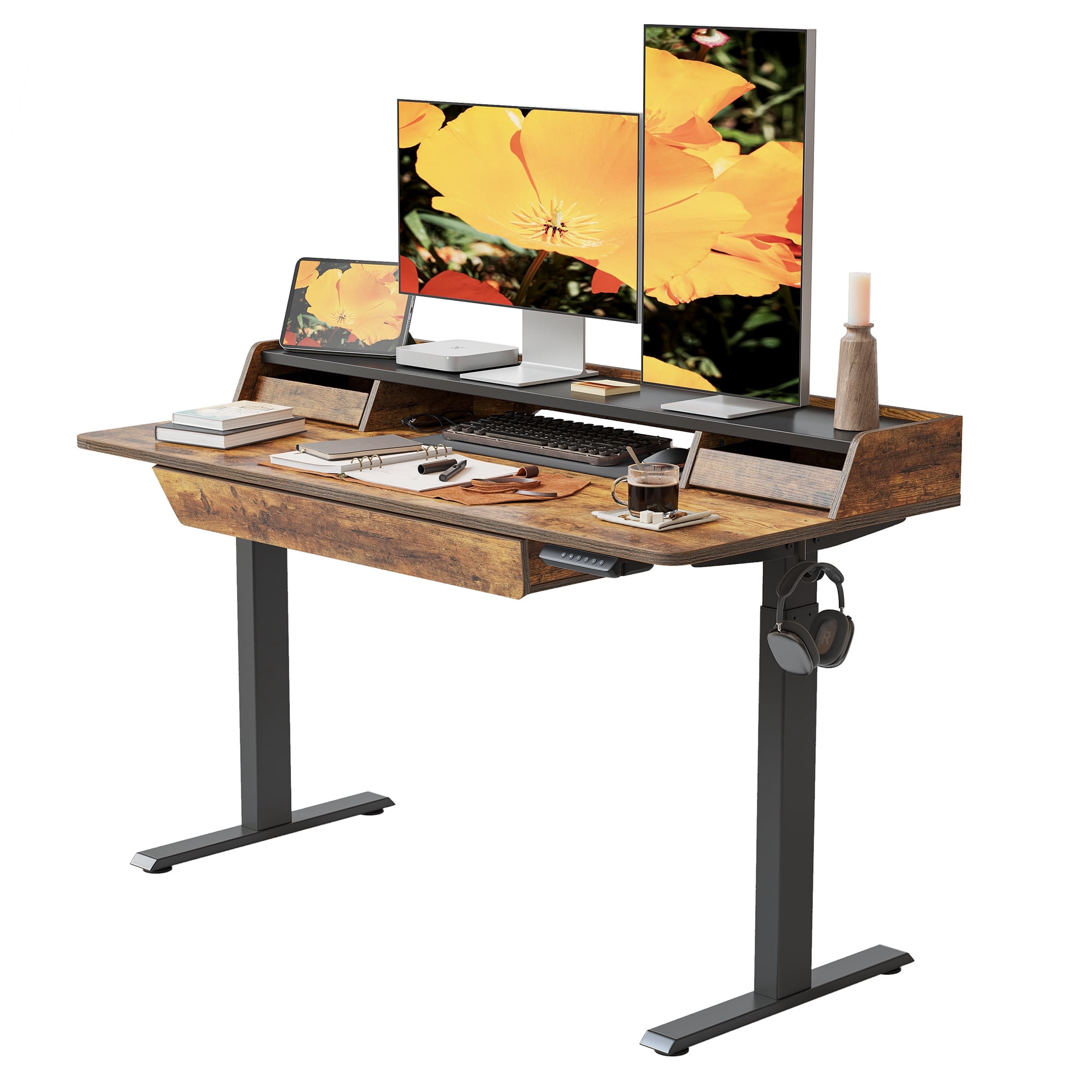 FEZIBO Mid Century Modern Standing Desk With 3 Drawers - 55" X 26", Vintage Top & Black Frame