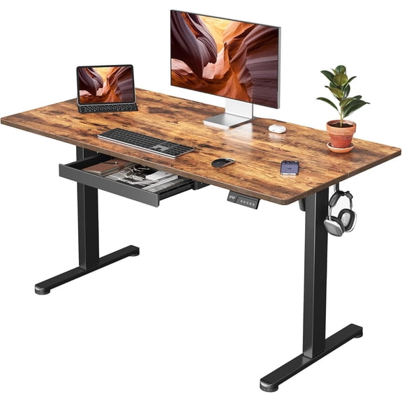 FEZIBO Electric Standing Desk with Drawers, 55 x 28 Inch Height Adjustable Desk with 3 Memory Presets, Sit Stand Up Desks for Home Office, Rustic Brown