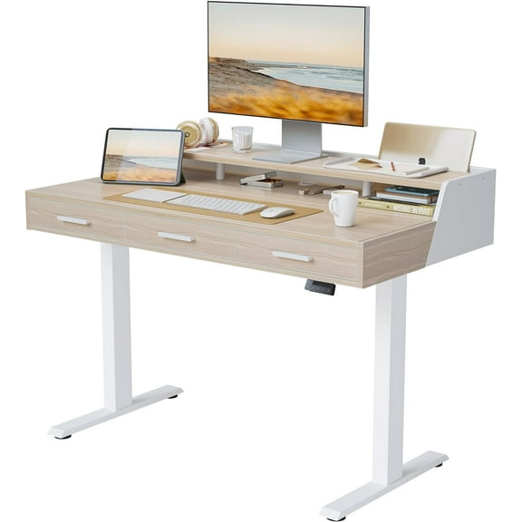 FEZIBO Electric Standing Desk with 3 Drawers & Monitor Shelves, 48 x 26 inches Sit Stand Home Office Desks, Light Walnut