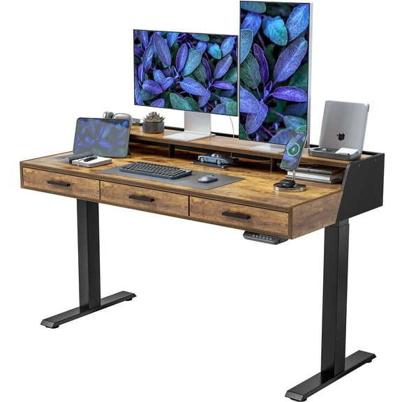 FEZIBO Electric Standing Desk with 3 Drawers & Monitor Shelves, 55 x 26 inches Sit Stand Home Office Desk, Rustic Brown