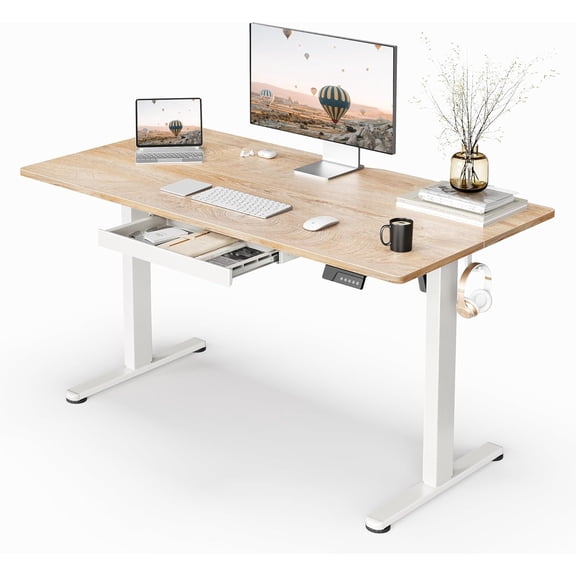FEZIBO Electric Standing Desk with Drawers, 48 x 24 Inch Height Adjustable Desk with 3 Memory Presets, Sit Stand Up Desks for Home Office, Natural