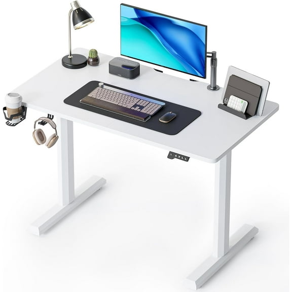 FEZIBO Height Adjustable Electric Standing Desk, 44 x 24 Inches Stand up Table, Sit Stand Home Office Desk with Splice Board, White
