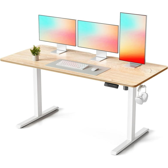 FEZIBO Standing Desk, 63×28 Inches Electric Height Adjustable, Sit Stand Up Table, Computer Office Desk with Splice Board, While Frame/Maple TOP