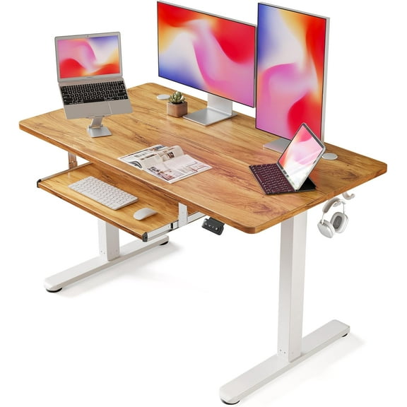 FEZIBO Standing Desk with Keyboard Tray, 48 x 24 Inch Adjustable Height Sit Stand Desk with Memory Presets for Home Office, Ergonomic Computer Workstation, Light Rustic