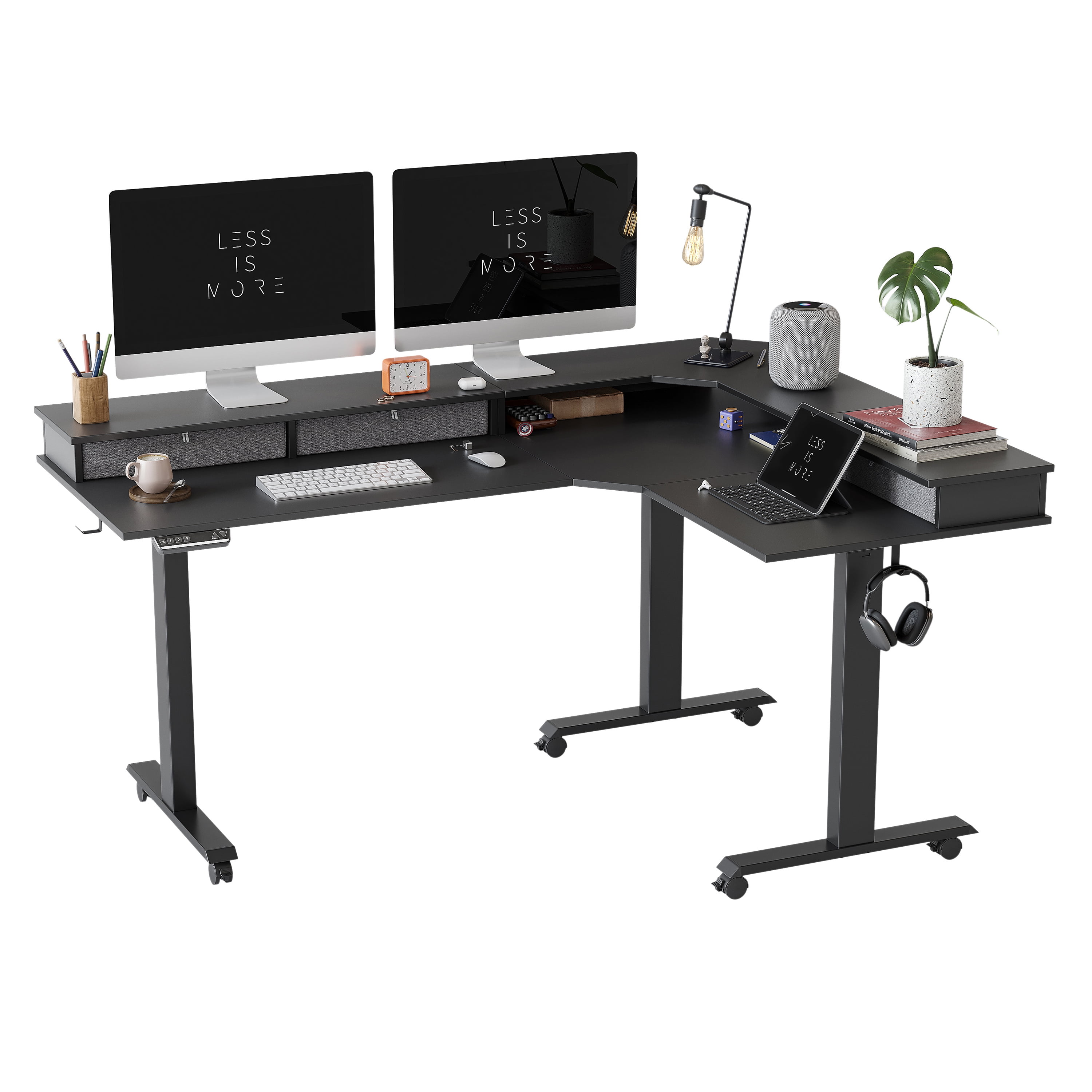 FEZIBO Triple Motor L Shaped Standing Desk with Three Drawers, 63