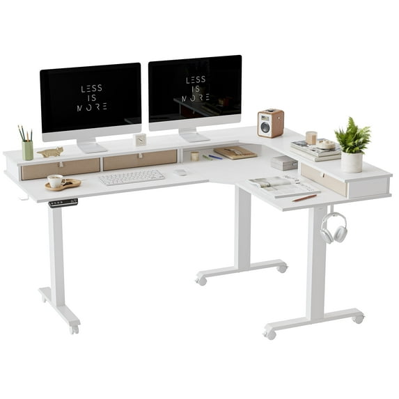 FEZIBO Triple Motor L Shaped Standing Desk with Three Drawers, 63 inches Electric Standing Desk Adjustable Height, Corner Stand up Desk with Splice Board, White Frame/White Top
