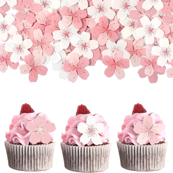 FEZOR 60Pcs Edible Flowers for Cake Decorating,Cherry Blossoms Flower Cupcake Toppers,Flowers for Cake Decorating Rice Wafer Paper Decorations for Birthday Party Wedding Food Dessert Supplies