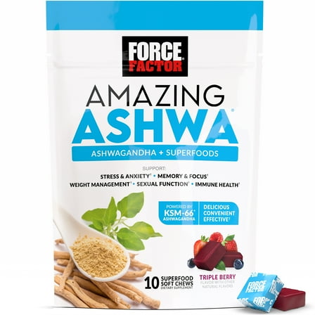 Force Factor Amazing Ashwa with KSM-66 Ashwagandha & L-Theanine for Stress Relief, Relaxation & Cortisol Balance, Triple Berry, 60 Soft Chews
