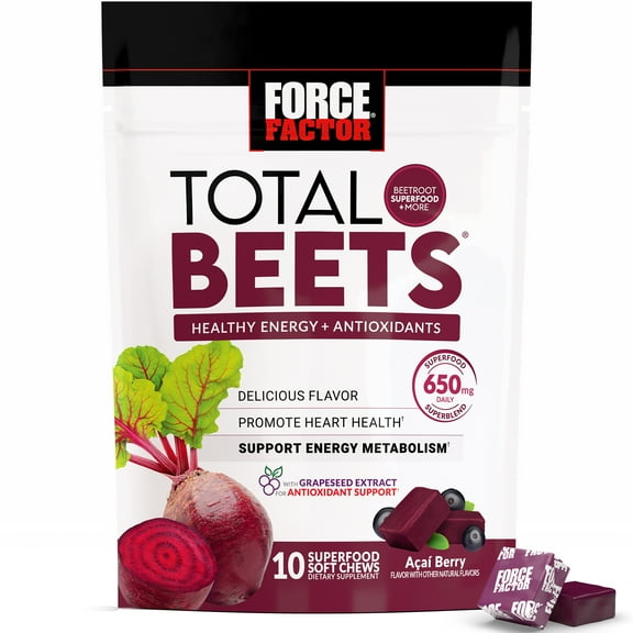 Force Factor Total Beets, Beet Root Supplement with Beetroot Powder for Heart Health, Nitric Oxide & Energy, Acai Berry, 10 Soft Chews