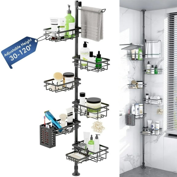 FEELSO 7-Pack Shower Caddy Organizer Tension Pole, Corner Shelf, 30120 in Adjustable Shower Rack for Inside Shower, Extra Towel Bar & Soap Dish for Bathroom Organizers and Storage, Black