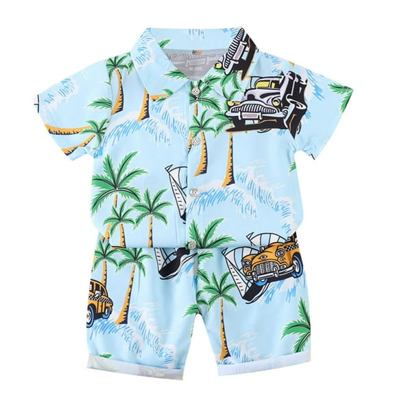 FFENYAN Boys Lightweight Cotton Short Sleeve Shirt with Plant Print and Matching Elastic Waistband Shorts Beach Vacation Set - Perfect for Vacations and Family Outings for 1-5 Years
