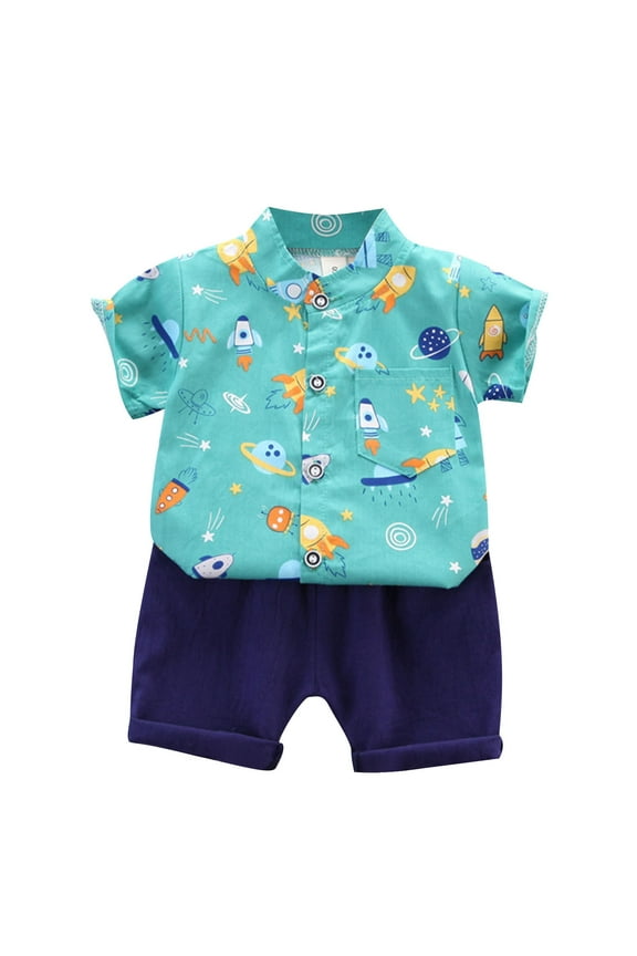 FFENYAN Boys Summer Cartoon Print Short Sleeve Button Down Shirt & Elastic-Waisted Shorts Set - Perfect for Outdoor Playdates and Casual Everyday Wear for 1-8 Years