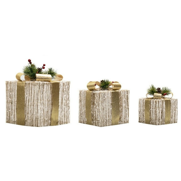 Dengmore Christmas Gift Box with Light 3PCS Luminous Christmas Iron Decorative Box Shopping Window Gift Box Christmas Tree Decoration Flocking Gift Box