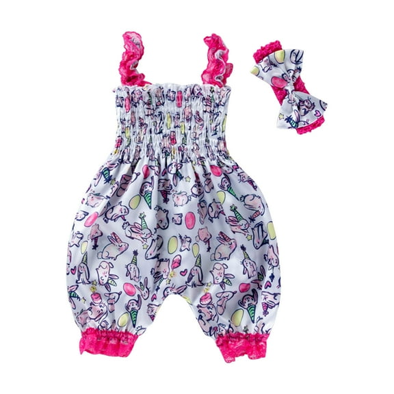FFENYAN Easter Baby Girl Bunny Print Jumpsuit with Bow Headband Set - Smocking Lantern Pants Design for Newborn to 2T - Perfect for Playtime Holiday Photos and Gifts