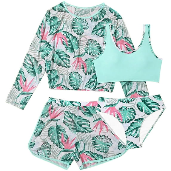 FFENYAN Girls 4-Piece Swimsuit Set with Green Floral Print - Long Sleeve Cover-Up Swim Top and Bottoms for 8-12 Y - Perfect for Beach and Pool Adventures