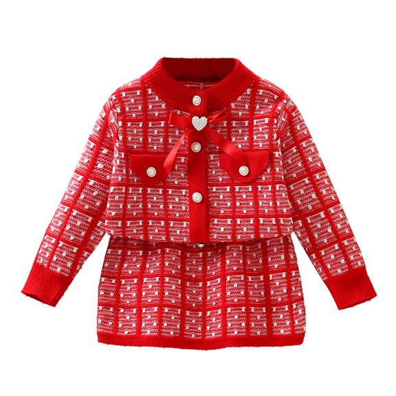 FFENYAN Girls' Bow-Knit Long-Sleeve Crew Neck Cardigan and Wrap Skirt Two-Piece Set - Elegant Sweater Set for Girls - A Perfect Gift for Little Ladies for 2-10 Years