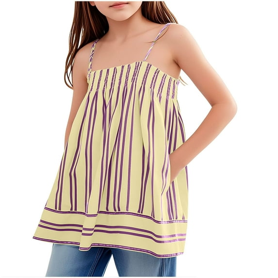 FFENYAN Girls Color Block Striped Pleated Cami Top 3-14 Years - Stylish Sleeveless Tank for Kids Summer Wear - Perfect for Playdates Beach Parties and Casual Outings