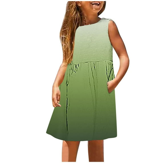 FFENYAN Girls Gradient Color Sleeveless Dress with Round Neck and Pockets Perfect for Summer Adventures Stylish Comfortable Dress for Kids with Fun and Fashion for 3-14 Years