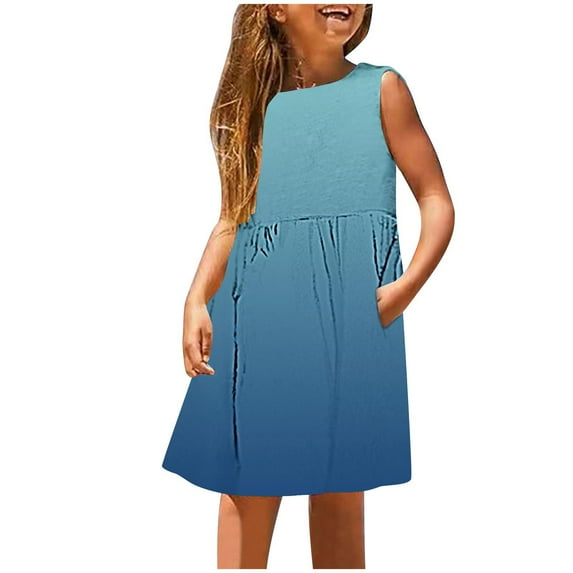FFENYAN Girls Gradient Color Sleeveless Dress with Round Neck and Pockets Perfect for Summer Adventures Stylish Comfortable Dress for Kids with Fun and Fashion for 3-14 Years