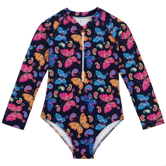 FFENYAN Girls Long Sleeve One Piece Swimsuit with UV Protection Quick Dry Fabric Cute Print Beachwear for Ages 4 to 12 - Perfect for Swimming and Summer Fun