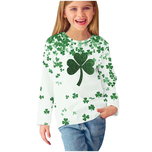 FFENYAN Kids Long Sleeve Pullover with St Patrick's Day Clover Print Soft Comfortable Four Leaf Graphic Tees - Ideal for Playdates School and Holiday Celebrations for 3-14 Years