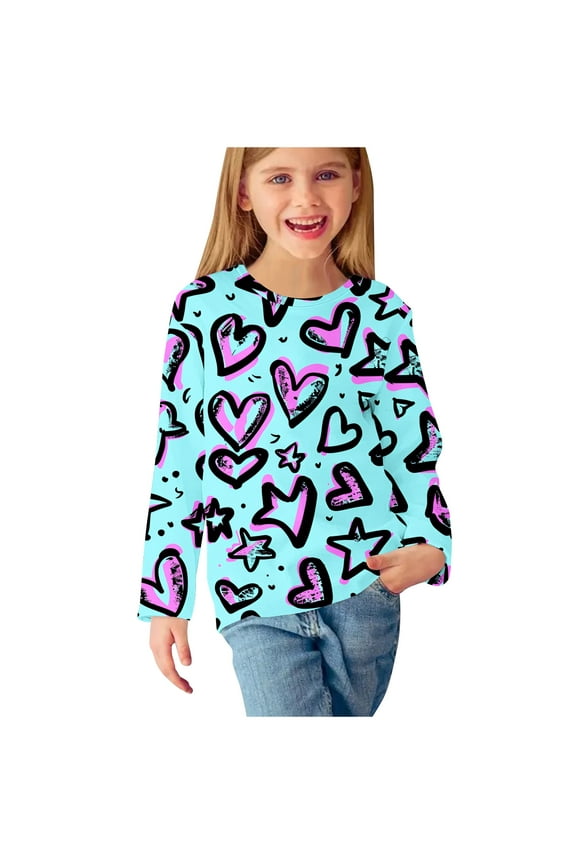 Kids' Long Sleeve Pullover T-Shirt - Blue with Heart Print Comfortable Cotton Blend Ideal for Boys and Girls, Perfect for School and Playtime for 3-13 Years