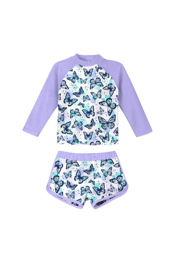 FFENYAN Kids Printed Long Sleeve Two-Piece Swimsuit Set UV Protection Quick Dry Swimwear for 2-10 Years - Perfect for Beach Pool Swimming Activities