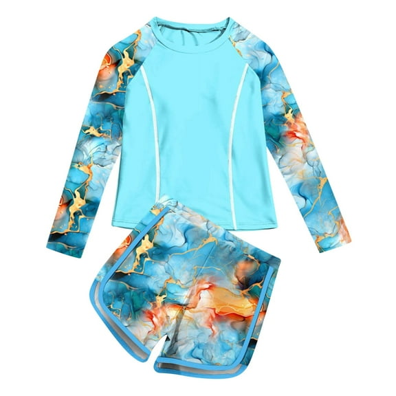FFENYAN Kids Printed Long Sleeve Two-Piece Swimsuit Set UV Protection Quick Dry Swimwear for 2-10 Years - Perfect for Beach Pool Swimming Activities