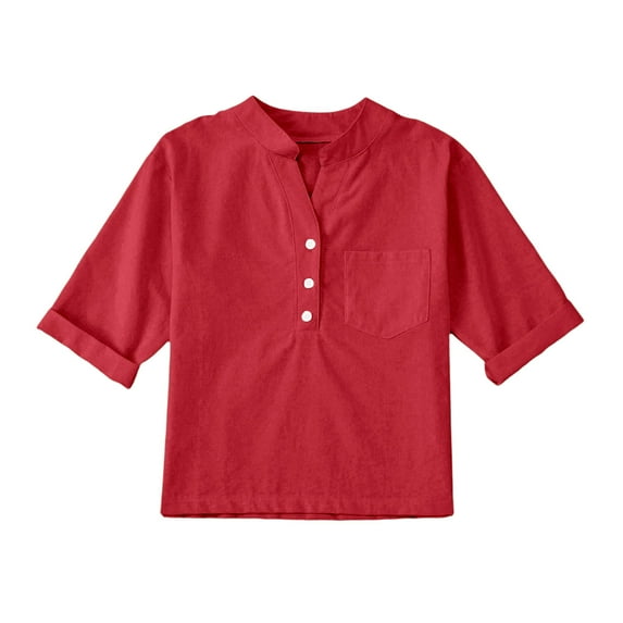 FFENYAN Kids Solid Color Cotton Linen Half Sleeve Half Button Pocket Top - Available in Multiple Colors for Girls Ages 5-13 - Perfect for Summer Playdates School and Casual Outings