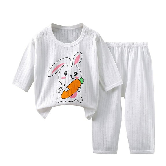 FFENYAN Kids Summer Solid Color Cotton 3/4 Sleeve Pajama Set - Printed Loungewear and Aircon Outfit for Boys and Girls for 1-6 Years - Perfect for Indoor Play and Everyday Wear