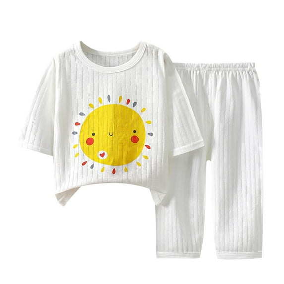 FFENYAN Kids Summer Solid Color Cotton 3/4 Sleeve Pajama Set - Printed Loungewear and Aircon Outfit for Boys and Girls for 1-6 Years - Perfect for Indoor Play and Everyday Wear