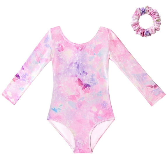 FFENYAN Pink Butterfly Print Long Sleeve Jumpsuit Gym Suit with Hair Tie Set Perfect Gift for Little Girls Practicing Gymnastics and Dance for 3-11 Years
