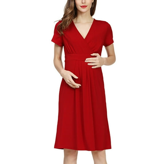 FFENYAN Plus Size Women's Summer Fashion Loose Short Sleeve Nursing Dress with V-Neck - Stylish Solid Color Maternity Dress for Daily Life and Elegant Occasions