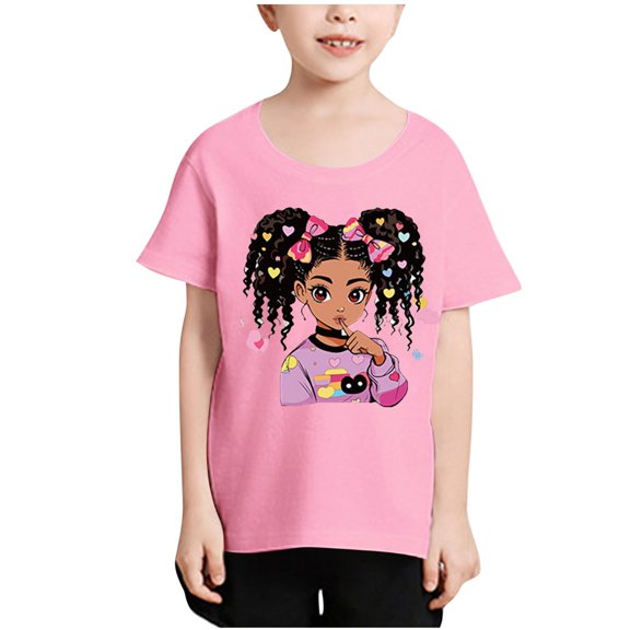 FFENYAN Short Sleeve T-Shirt with Curly Hair Girl Printfor Kids 3-12 Years - Casual Summer Top for Boys and Girls - Perfect for Outdoor Fun and Summer Activities