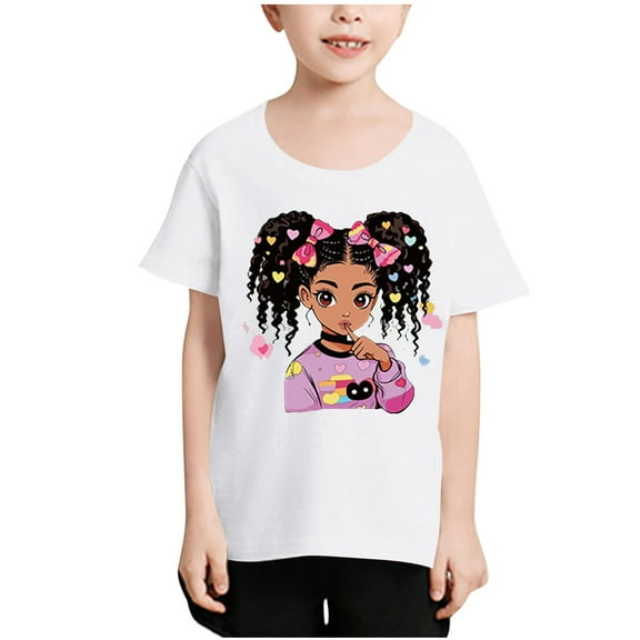 FFENYAN Short Sleeve T-Shirt with Curly Hair Girl Printfor Kids 3-12 Years - Casual Summer Top for Boys and Girls - Perfect for Outdoor Fun and Summer Activities