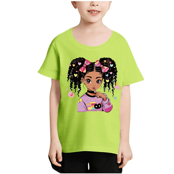 FFENYAN Short Sleeve T-Shirt with Curly Hair Girl Printfor Kids 3-12 Years - Casual Summer Top for Boys and Girls - Perfect for Outdoor Fun and Summer Activities