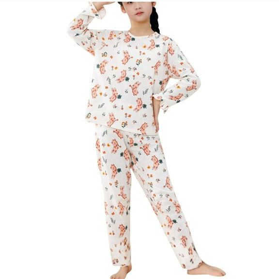 FFENYAN Summer Floral Print Kids Air Conditioning Set - Long Sleeve Top and Pants Two-Piece Outfit for Boys and Girls Ages 2-16 - Perfect for Sleepwear and Homewear