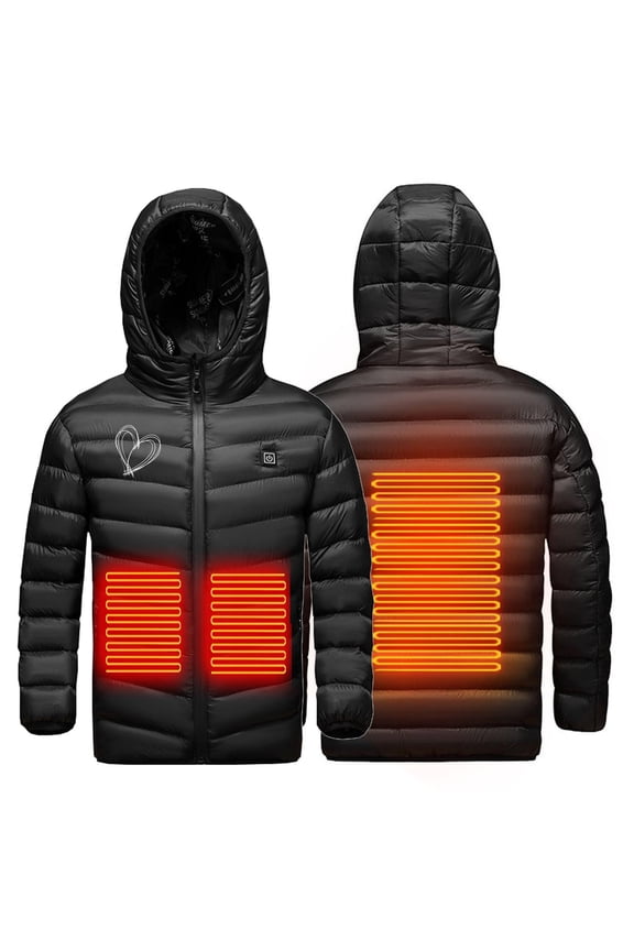 FFENYAN White Heart Print USB Electric Heated Jacket for Kids Smart Temperature Control Three Heating Zones Warm Winter Coat for Boys and Girls Perfect for Outdoors for 4-15 Years