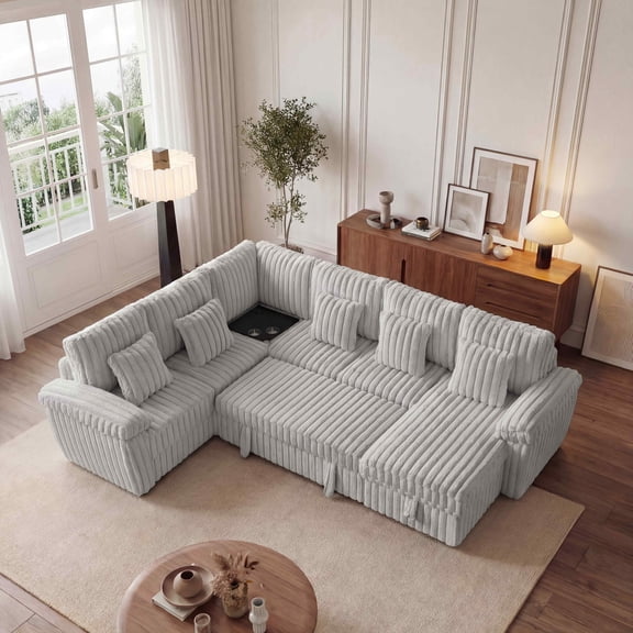 FFH 103" Modular Sectional Sofa with Pull Out Bed, Large Storage, Corner Coffee Table with Cup Holder and USB Port, U Shaped Sleeper Couch Bed for Living Room, Corduroy Light Gray