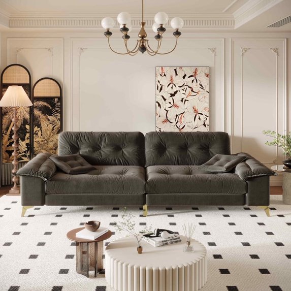 FFH 104.7" Cloud Sectional Sofa, Tufted Chenille Sleeper Sofa with Movable Armrests and Pillows, 4 Seater Oversized Couch with Deep Seat for Living Room, Dark Gray