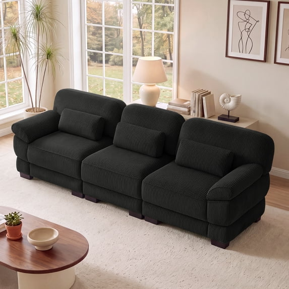 FFH 104" Modular Sectional Sofa, 3 Seater Corduroy Cloud Couch with Removable Armrest Pillows, Black