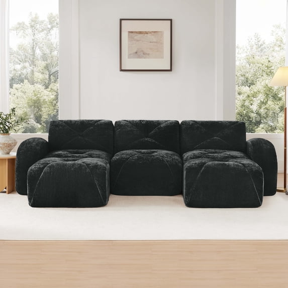 FFH 110" Sectional Sofa with Ottomans, U-Shaped 3 Seat Cloud Couch for Living Room, Tufted Design, Black