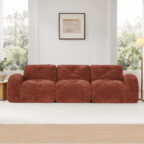 FFH 110" Sectionals for Living Room, 3 Seater Velvet Cloud Couch, No Assembly Required, Red